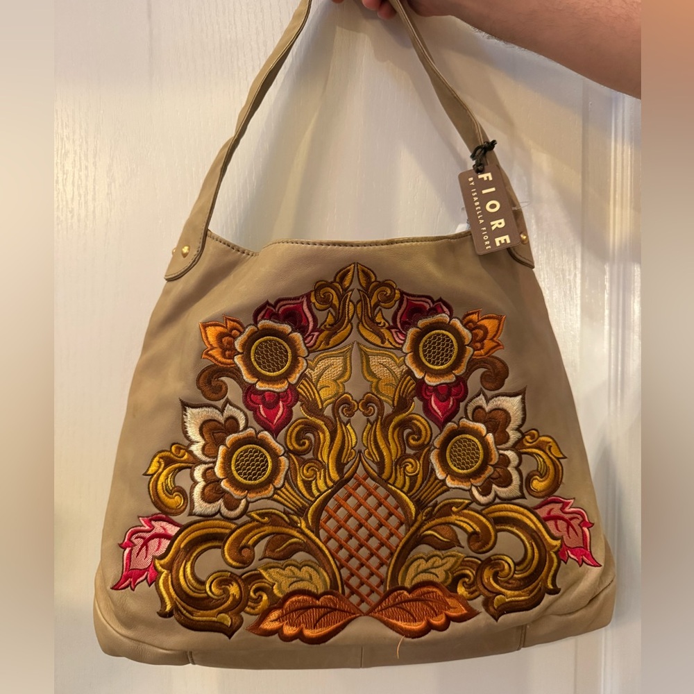Isabella Fiore Embroidered Tan and Multicolor Women's Bag (slight stains shown)